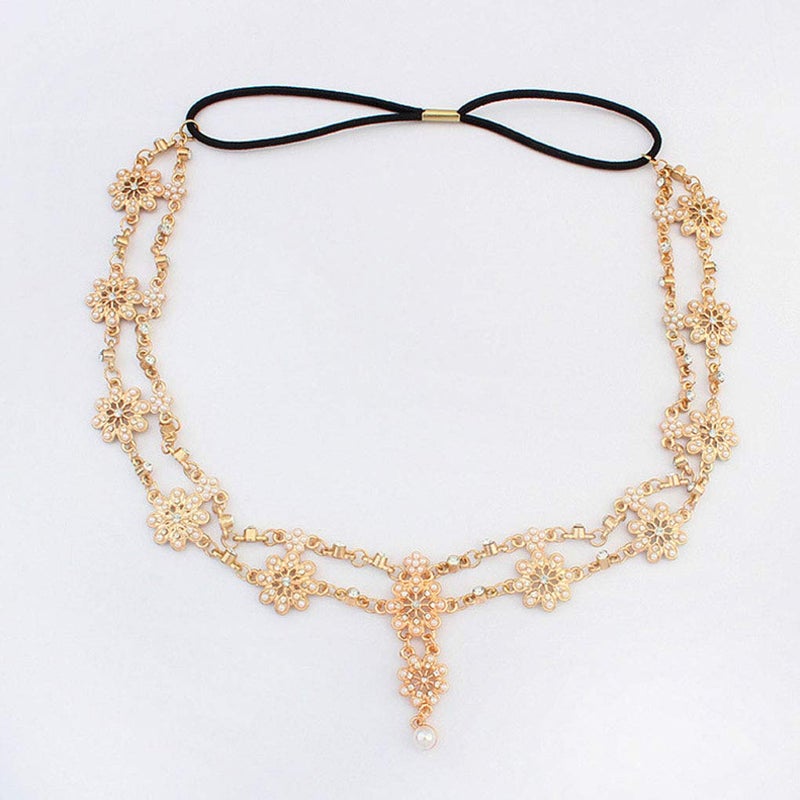Yalice Indian Flower Head Chain Jewelry Gold Crystal Headband Elastic Goddess Headpieces Rhinestone Wedding Hair Chain Jewelry for Women(Gold-1) - Image 2